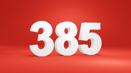 Number 385 in white on red background, isolated number 3d render