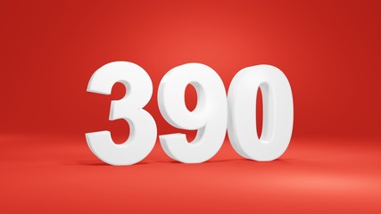 Number 390 in white on red background, isolated number 3d render