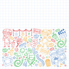 Online internet cinema pattern with vector icons for wrapping paper, posters, banners, leaflets. 3d movie, tv, musical.