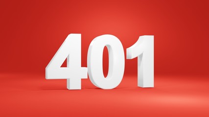 Number 401 in white on red background, isolated number 3d render