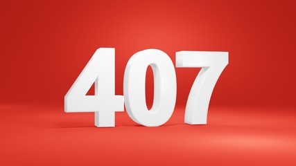 Number 407 in white on red background, isolated number 3d render