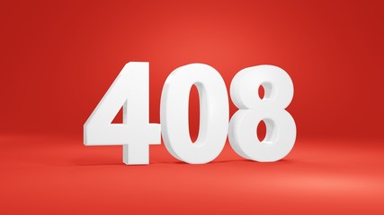 Number 408 in white on red background, isolated number 3d render