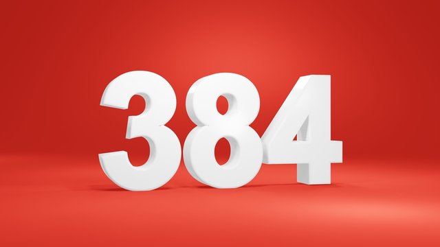 Number 384 in white on red background, isolated number 3d render