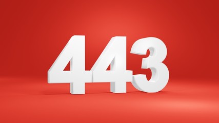 Number 443 in white on red background, isolated number 3d render