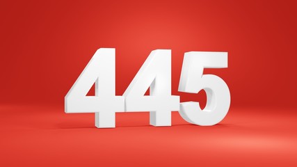 Number 445 in white on red background, isolated number 3d render