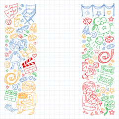 Online internet cinema pattern with vector icons for wrapping paper, posters, banners, leaflets. 3d movie, tv, musical.