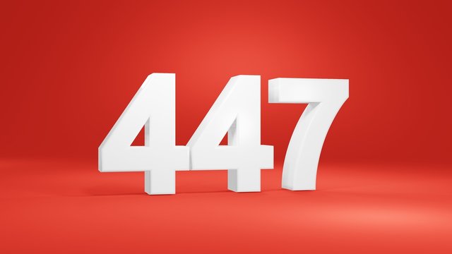 Number 447 in white on red background, isolated number 3d render