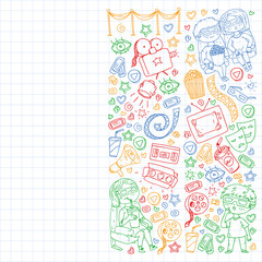 Online internet cinema pattern with vector icons for wrapping paper, posters, banners, leaflets. 3d movie, tv, musical.