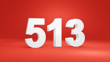 Number 513 in white on red background, isolated number 3d render