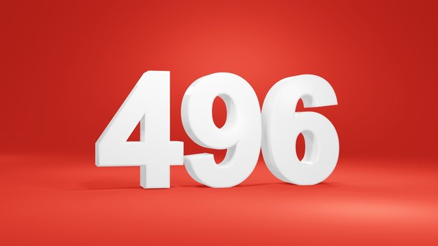Number 496 in white on red background, isolated number 3d render