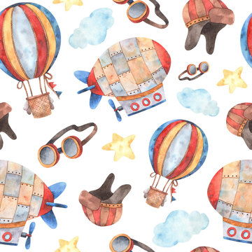Seamless pattern on the theme of air transport with an airship, balloon, flying cap, stars, clouds and flight goggles in blue, yellow, red-orange colors and high resolution