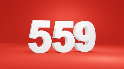 Number 559 in white on red background, isolated number 3d render