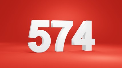 Number 574 in white on red background, isolated number 3d render