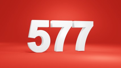 Number 577 in white on red background, isolated number 3d render