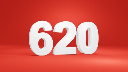 Number 620 in white on red background, isolated number 3d render