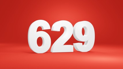 Number 629 in white on red background, isolated number 3d render