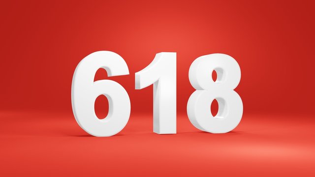 Number 618 in white on red background, isolated number 3d render