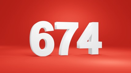 Number 674 in white on red background, isolated number 3d render