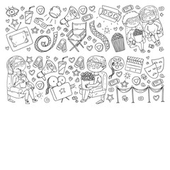 Fototapeta na wymiar Coloring page. Online internet cinema pattern with vector icons for wrapping paper, posters, banners, leaflets. 3d movie, tv, musical.