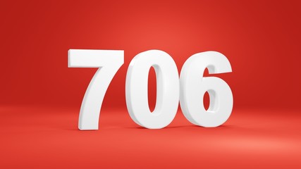 Number 706 in white on red background, isolated number 3d render