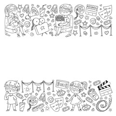 Coloring page. Online internet cinema pattern with vector icons for wrapping paper, posters, banners, leaflets. 3d movie, tv, musical.