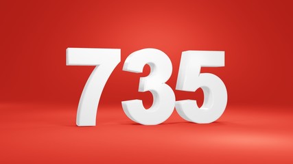 Number 735 in white on red background, isolated number 3d render