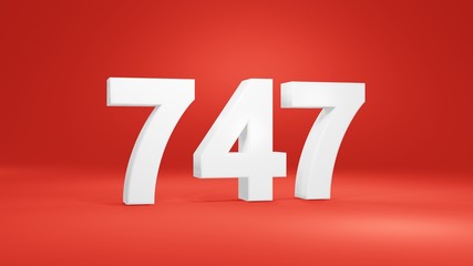 Number 747 in white on red background, isolated number 3d render