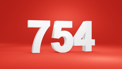 Number 754 in white on red background, isolated number 3d render