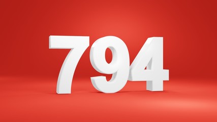 Number 794 in white on red background, isolated number 3d render
