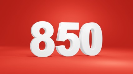 Number 850 in white on red background, isolated number 3d render