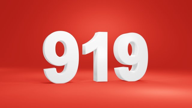 Number 919 in white on red background, isolated number 3d render