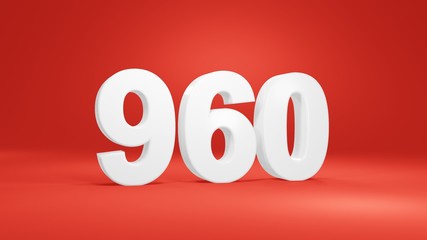 Number 960 in white on red background, isolated number 3d render
