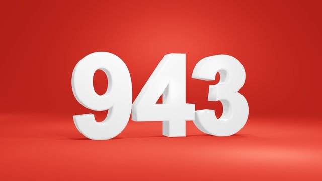 Number 943 in white on red background, isolated number 3d render