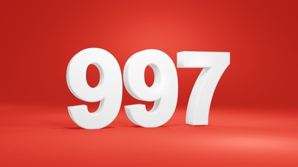 Number 997 in white on red background, isolated number 3d render