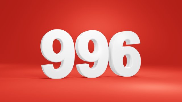 Number 996 in white on red background, isolated number 3d render