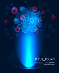 Virus. Concept of identifying a viral threat. Novel coronavirus concept on a dark background. Disease germ, pathogen organism, infectious micro virology.