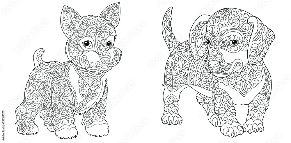 Wall mural coloring pages. cute yorkshire terrier and dachshund.