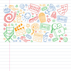 Online internet cinema pattern with vector icons for wrapping paper, posters, banners, leaflets. 3d movie, tv, musical.