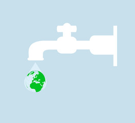 Flat vector icon tap white silhouette of a faucet and a drop with a globe - take care of the water. World Water Day