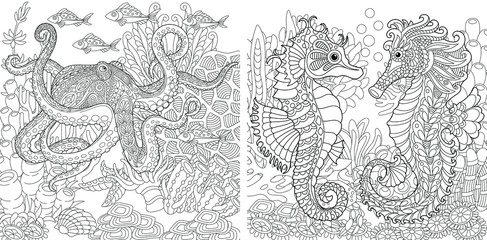 Coloring pages. Underwater landscapes with octopus and seahorses. 