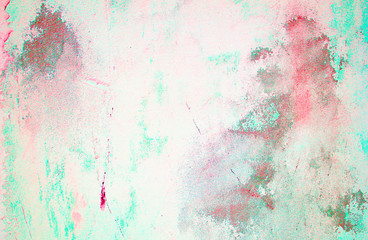 Old concrete wall. Peeling plaster on wall of house, building or fence surface. Toning in bright neon pink and blue colors. Modern urban backdrop. Copy space. Place for text. Selective focus image.