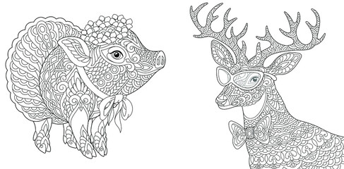 Coloring pages. Cute piggy and deer. 