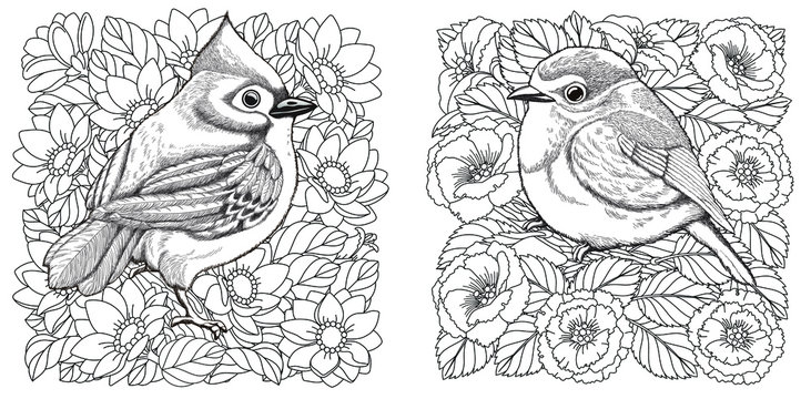 Coloring pages. Two birds among beautiful flowers. 