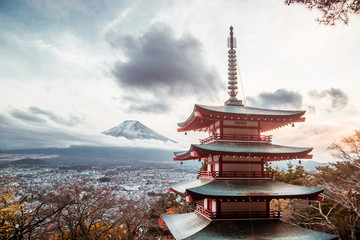 Pagoda Temple with sunset over Mount Fuji