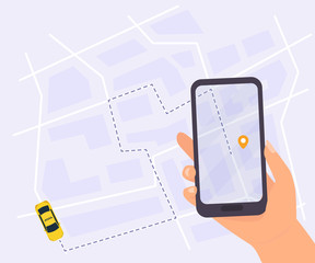 City taxi service vector illustration. Hand holding smartphone with taxi app. Tracking system with yellow car and destination point on city map, top view.