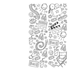 Coloring page. Online internet cinema pattern with vector icons for wrapping paper, posters, banners, leaflets. 3d movie, tv, musical.