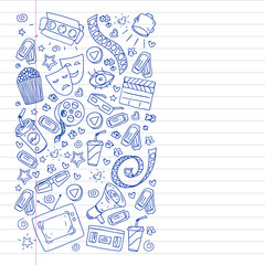 Fototapeta premium Coloring page. Online internet cinema pattern with vector icons for wrapping paper, posters, banners, leaflets. 3d movie, tv, musical.