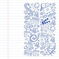 Fototapeta premium Coloring page. Online internet cinema pattern with vector icons for wrapping paper, posters, banners, leaflets. 3d movie, tv, musical.