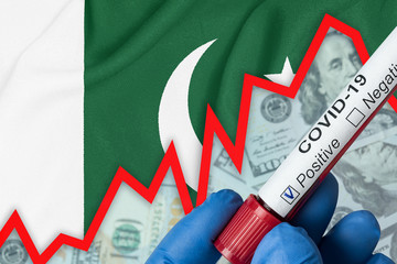 Coronavirus in Pakistan. Positive blood test on flag background. Increase in incidence. Economic crisis