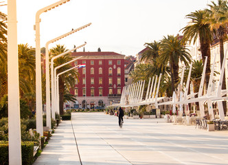 Split riviera promenade on a sunny day with no people on it. Quarantine time during corona virus outbreak. Tourist destination hotspot